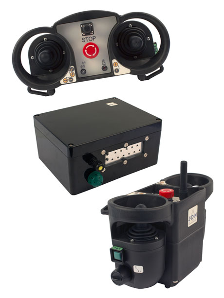The J D Neuhaus receiver and RC-X radio control remote control transmitters and receiver, for safe hoist and crane control.