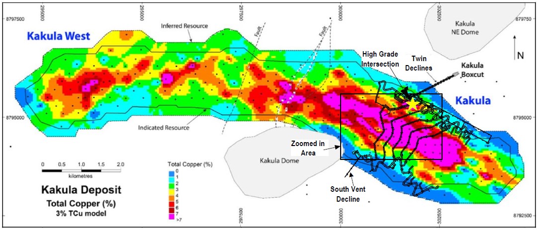 Figure 1: The 13.3-kilometre-long Kakula Deposit showing the first five years of underground development and production focused on the pink area containing copper grades greater than 8% copper. Zoomed-in area is shown in Figure 2.